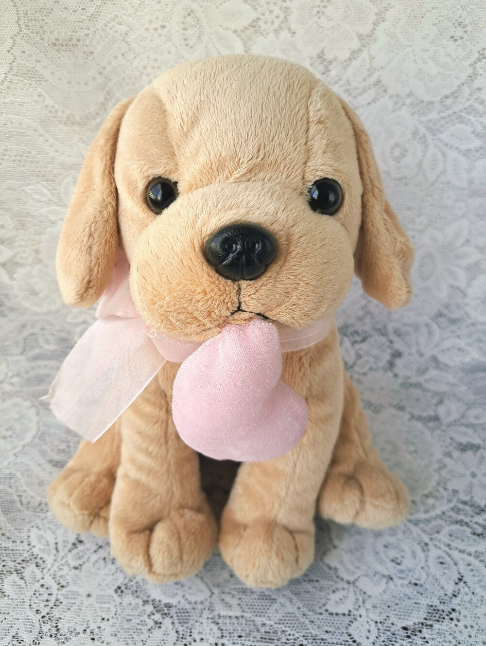 Vintage Chrisha Playful Plush Tan Dog Pink Bow Holding Pink Heart in Mouth 2008